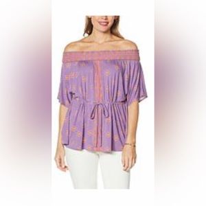 Colleen Lopez off the shoulder smocked neck printed top. New without tags.
